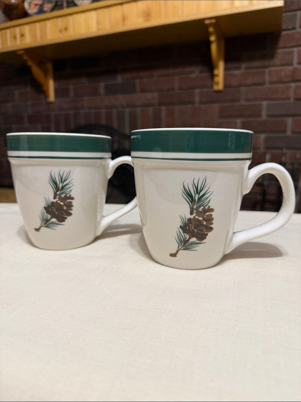 L.L. Bean Evergreen Pinecone Mugs with a Green Band.  Set of Two.